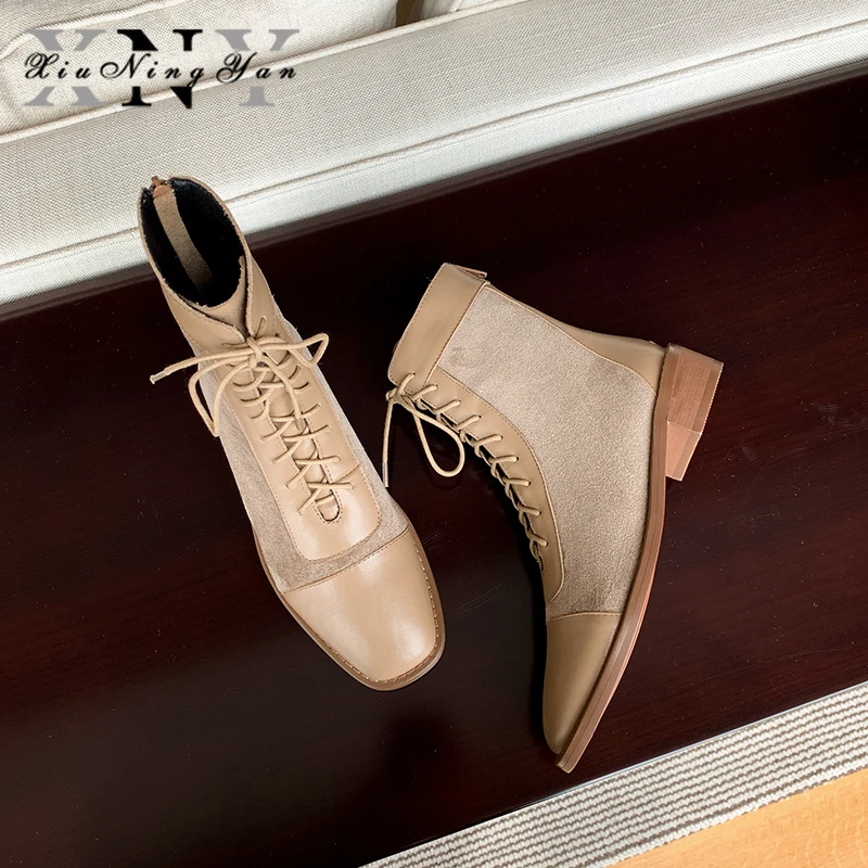 Xiuningyan Fashion Women's Ankle Boots Genuine Leather Ladies Martin Handmade Square Toe Skinny Woman Stretch | Обувь