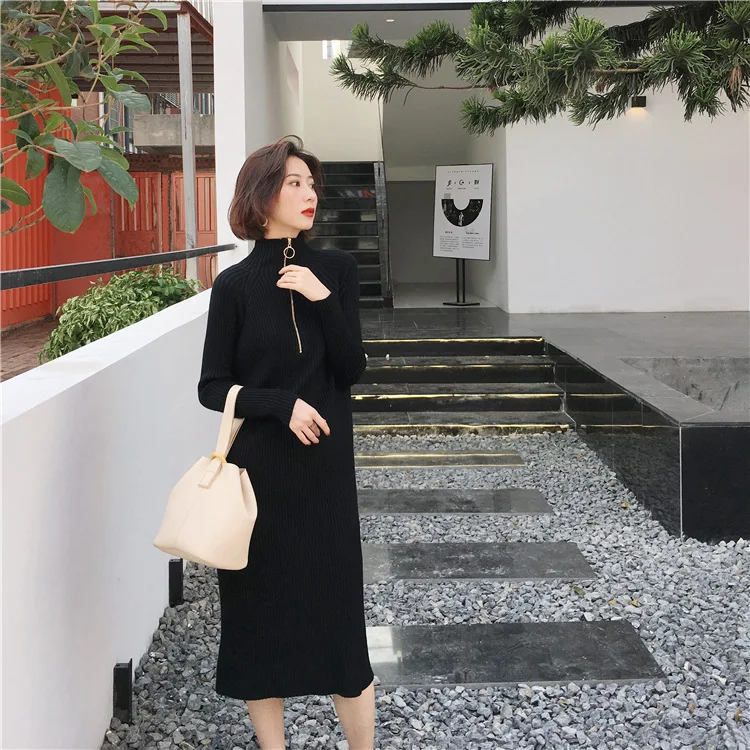 Шикарное южнокорейское Dongdaemun осеннее и зимнее свободное кольцо на молнии с высоким воротником Exta-long вязаный свитер платье