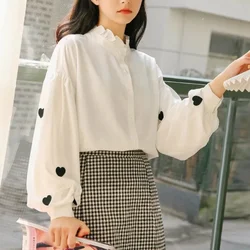 QWEEK – chemise à manches longues lanterne pour femmes, imprimé en forme de cœur, chemisier à boutons, Style coréen, BF, mignon, Ulzzang 