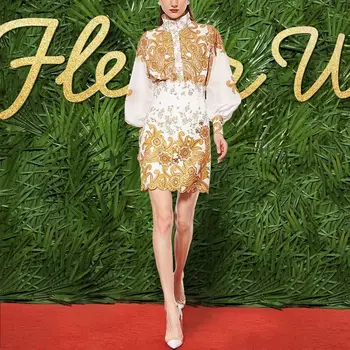 

Lady Of Quality Temperament Lantern Sleeve Printing Shirt Western Style High Waist Bag Buttocks Half-body Skirt Twinset