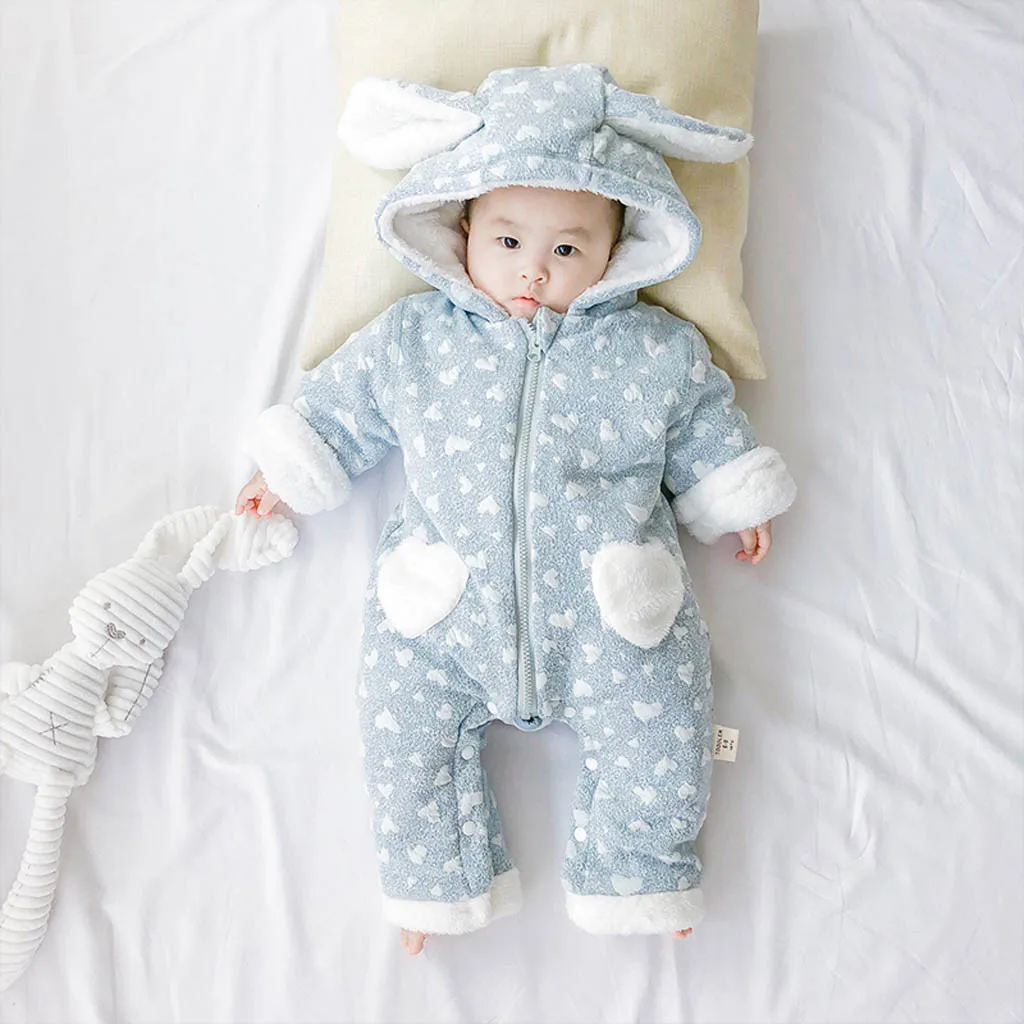 Детская одежда зимние детские комбинезоны с капюшоном с принтом сердца для девочек теплый плюшевый толстый комбинезон Одежда для новорожденных девочек верхняя одежда