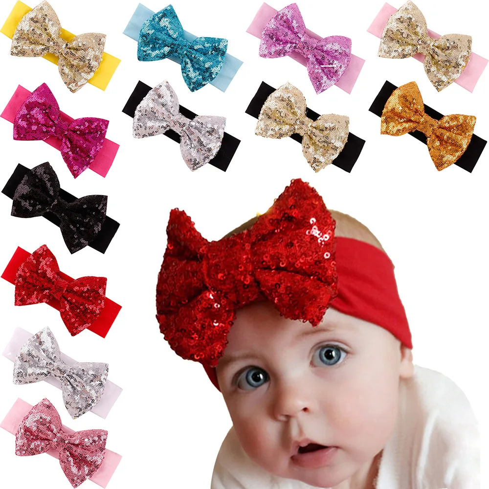 

Sparkly Bow Soft Wide Side Infant Hair Bands Baby Girls Sequin Bow Turban Birthday Party Decorations Photography Props Kid Gifts