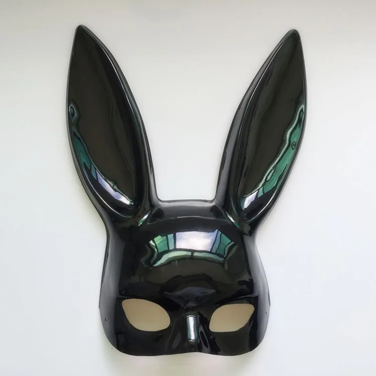 Сексуальная женская черно-белая маска из ПВХ с заячьими ушками, милые длинные уши, маска кролика на половину лица, маска на Хэллоуин, маскарад, вечеринку, косплей, костюм, реквизит - Цвет: Bright black