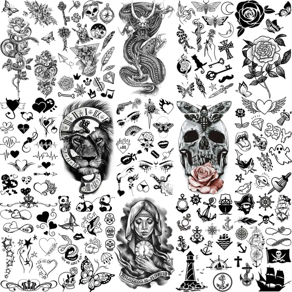 

Pirate Anchor Rose Flower Temporary Tattoos For Women Adult Kids Lion Skull Dragon Snake Fake Tattoo Neck Arm Hands Small Tatoos