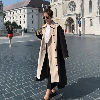 

LANMREM 2020 double-breasted color block patchwork windbreaker long coat women's medium and long trench korean trend new YJ512