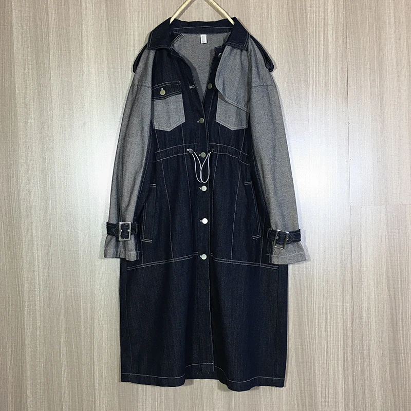 [EWQ] 2020 Spring Autumn New Patchwork Full Sleeve Lapel Collar Office Lady Drawstring Draw Back Women's Denim Trench Coat TX857