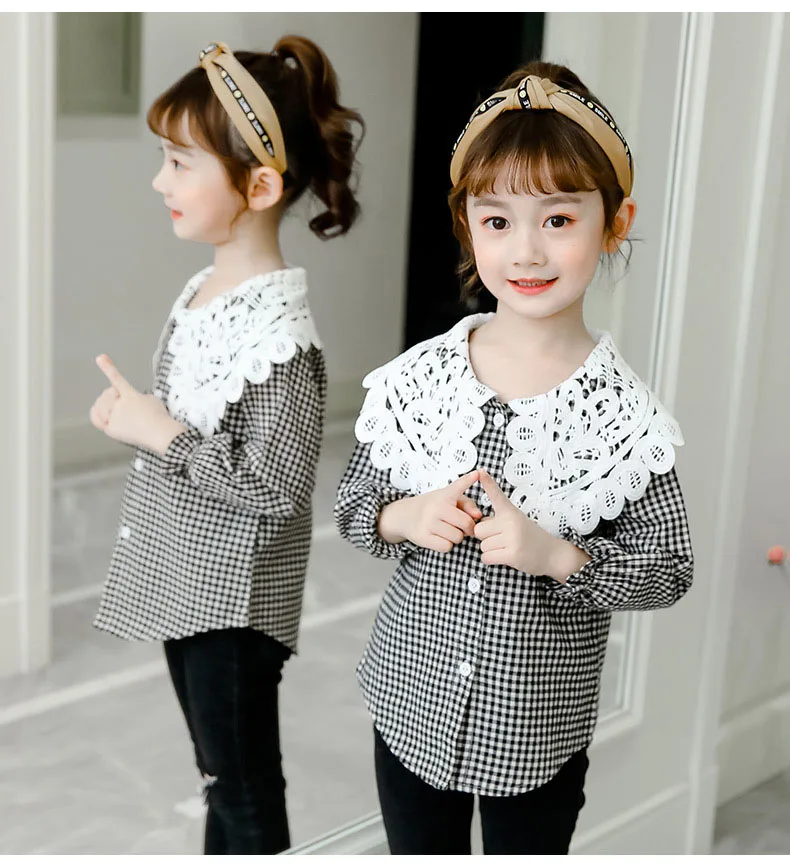 New Autumn Plaid Blouses For Teenage Girls Lace Collar Long Sleeve Shirts Tops Kids Casual School Blouse Children Clothing