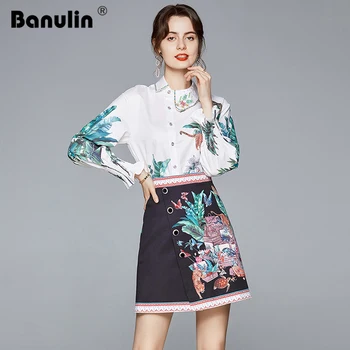 

Autumn Fashion Runway 2 Piece Set Women Long Sleeve Vintage Shirt Top + Bodycon Irregular Mini Skirt Women Clothing Sets Summer