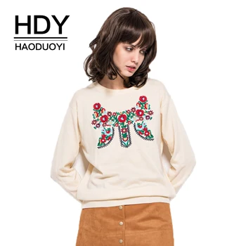 

HDY Haoduoyi Solid Color Floral Embroidery Women Basic Pullover O-neck Sweater Long Sleeve Casual Loose Autumn Cotton Sweater