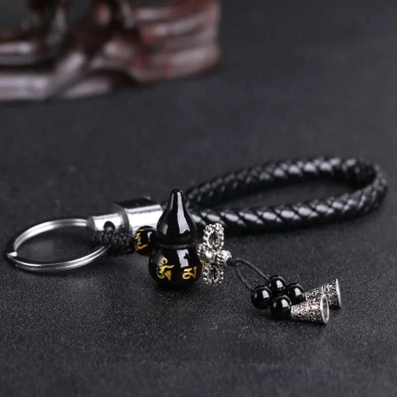 

Natural Obsidian Gourd Calabash Pendant Car Keychain Fashion Round Beads Key Chain Zinc Alloy Key Ring Men Women Jewelry Gift