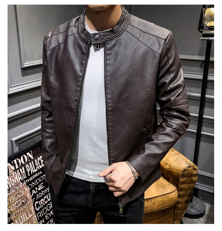 Spring And Autumn MEN'S Leather Coat Men's Thin Korean-style Fashion MEN'S Outerwear Stand Collar Slim Fit PU Leather Jacket Tre