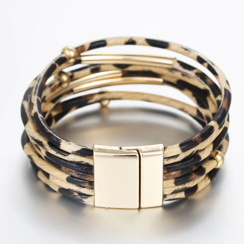 

Multilayer Leopard Bracelet for Women Magnetic Buckle Leather Wrap Bracelets Hot Drilling Leather Bracelet Bangle for Girls
