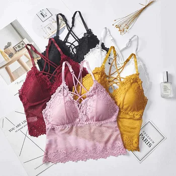 

Fashion New Lace Crop Top Women Sexy Cropped Tops Deep V Bralette Tanks Top Back Cross Seamless Underwear Fashion Camisole