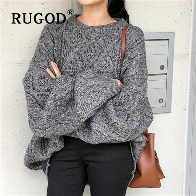 RUGOD Sweater Women 2019Korean Style Solid Gray O-neck Twist Diamond Long Sleeve loose Fluffy Sweater Casual Lady 2019S