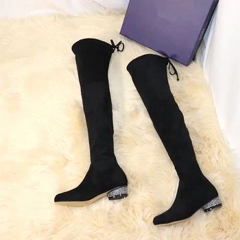

Runway Boots 2020 Black Suede Winter Shoes Woman Luxury Crystal Design Square Heel Botas Mujer Slip On Over-the-Knee Boots Women