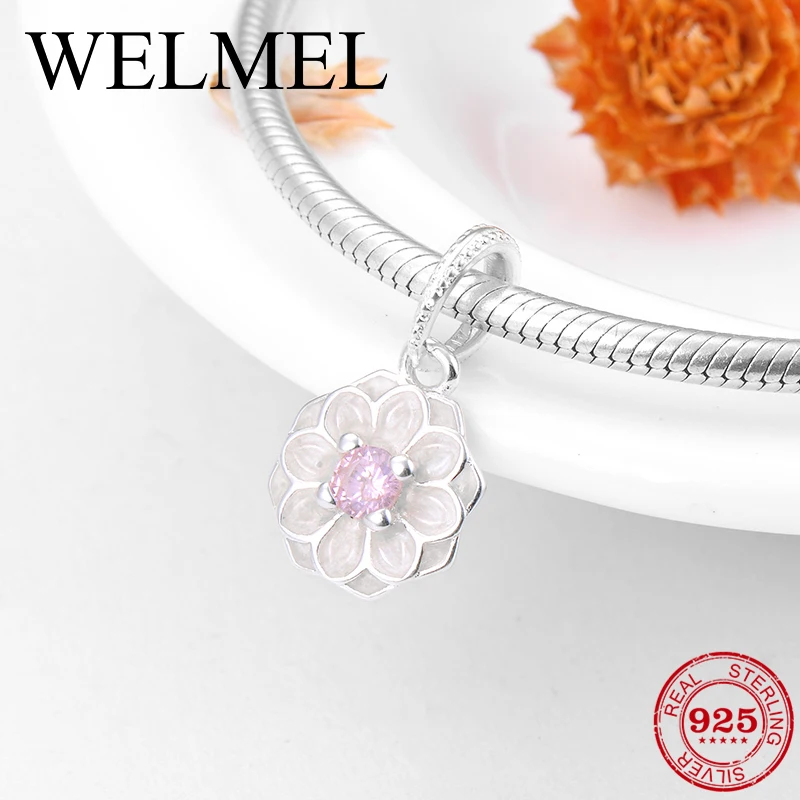 

Charms 925 Sterling Silver White Enamel Pink CZ Dahlia Flower Pendant Fit Original Pandora Charm Bracelet Jewelry making
