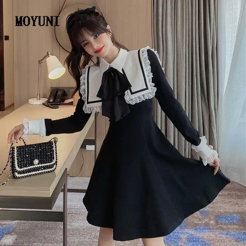

Vestido Feminino Slim Autumn Temperament Retro Big Lapel Lace Black Dress Women Doll Long Sleeve Big Swing Pleated Casual