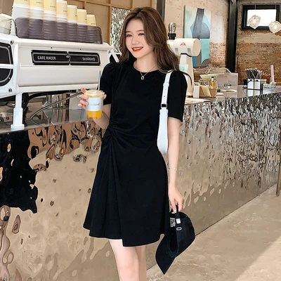 Hebe&Eos Korean Casual Women's Dresses A-line Folds O-neck Black Dress Short Sleeve Slim Waist Simple Ladies Clothing Vestidos black