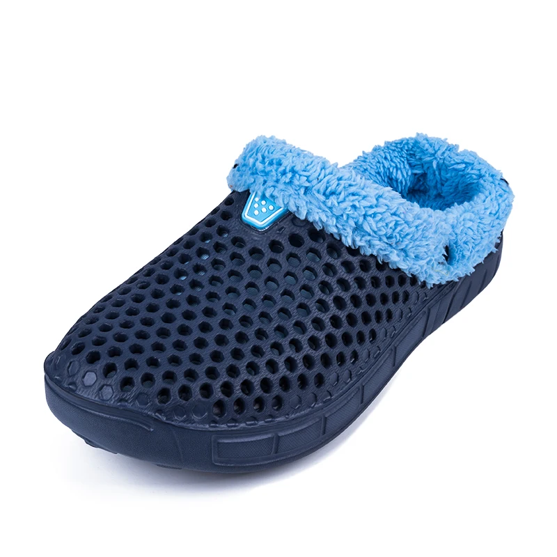Мужские тапочки; зимние тапочки из водонепроницаемого материала; теплые домашние меховые женские тапочки; мужская обувь на платформе; нескользящая домашняя обувь - Цвет: Blue