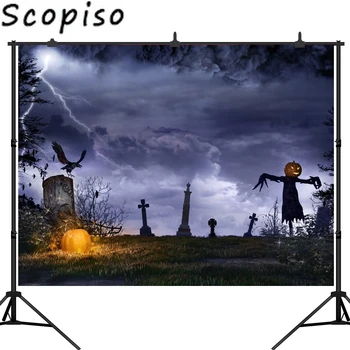 

Scopiso Halloween Theme night Headstone Photography backgrounds scarecrow terror Photo backdrops for Children Photo Studio