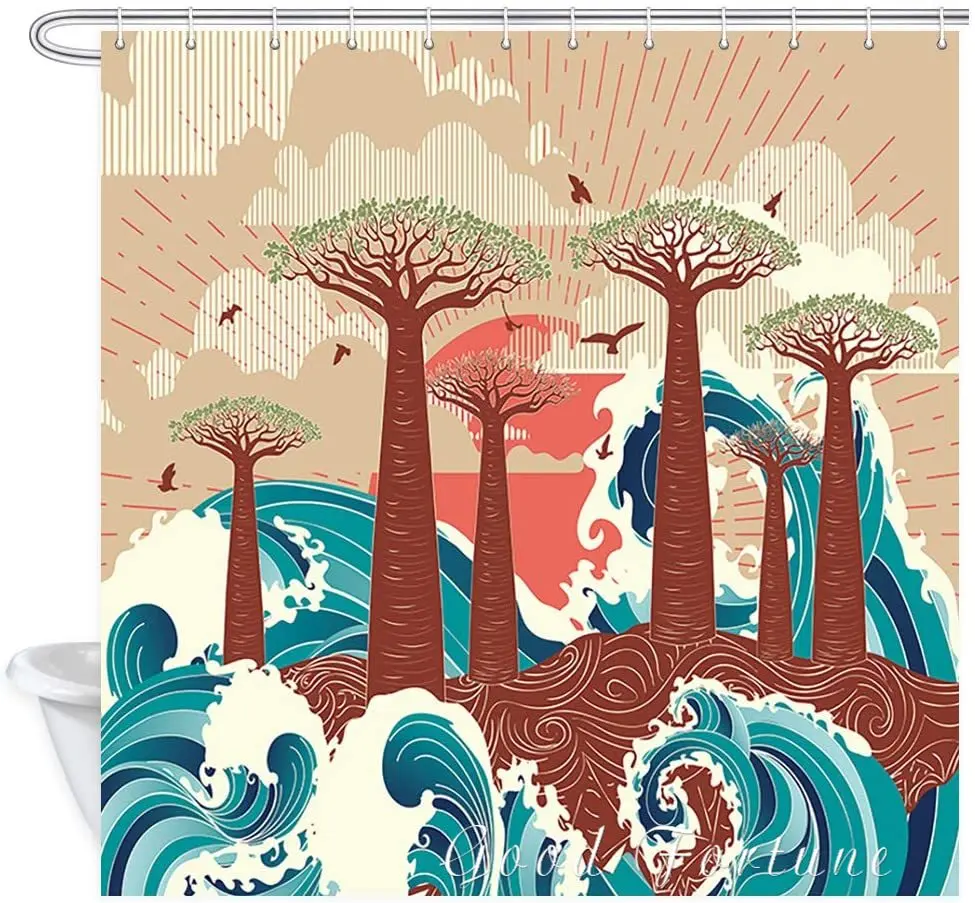 

Sunsets, Breadfruit Trees And Ocean Waves, Polyester Fabric Waterproof Shower Curtain, Bathroom Decor