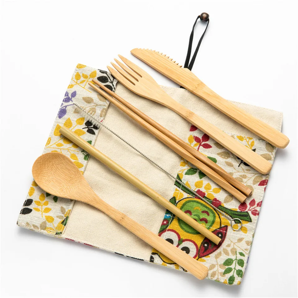 

Dinnerware Set Cutlery Set Fork Spoon Knife Set 9 Sets of Wooden Tableware Toothbrush Bamboo Straws for Picnic Tableware Set