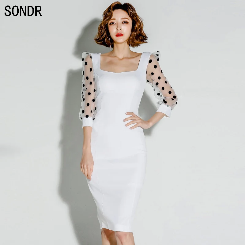 

2020 New Spring White Dress Women Fashion Korean Version Mesh Dress Summer Elegant Sexy Office Lady Bodycon Dresses Vestidos