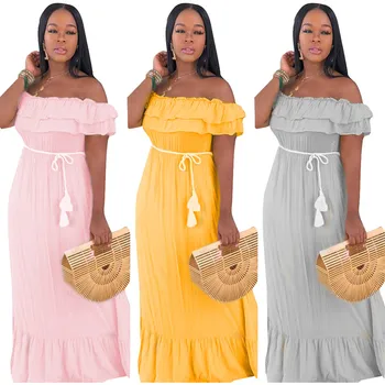 

Summer Casual Style Women's Fashion Dress Short Sleeve Off-the Shoulder Ruffle Slash Collar Solid Color Pink Sexy Dress Fitting