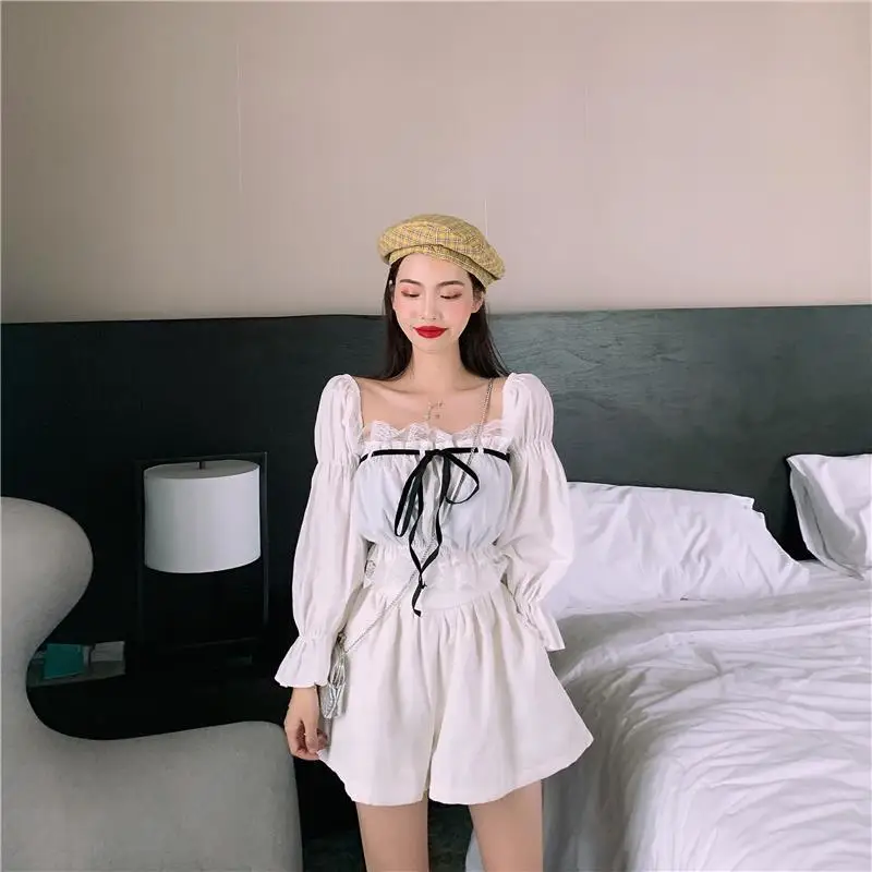 blouses & shirts Sexy Top Women Blouse With Lace Up Off Shoulder Tops Puff Sleeve White Shirt Vintage Ruffle Crop Top Solid Color Black Female shirts & tops