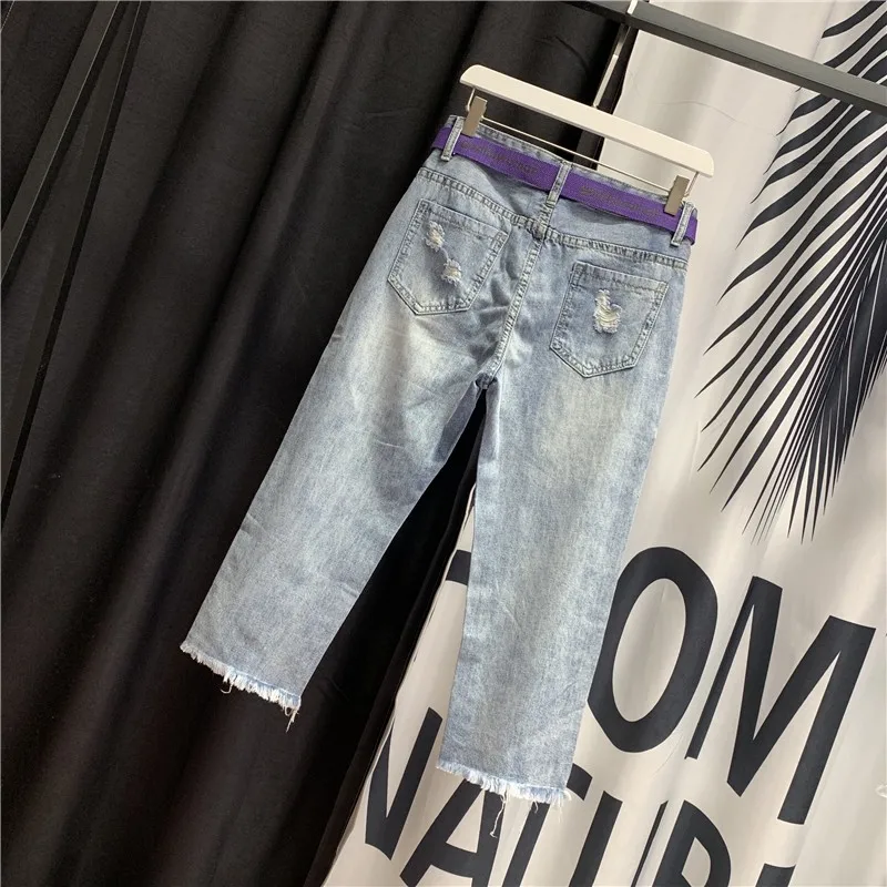 Летние новые тонкие джинсы модные женские прямые свободные брюки с высокой талией рваные бриллианты Печатные кисточкой женские