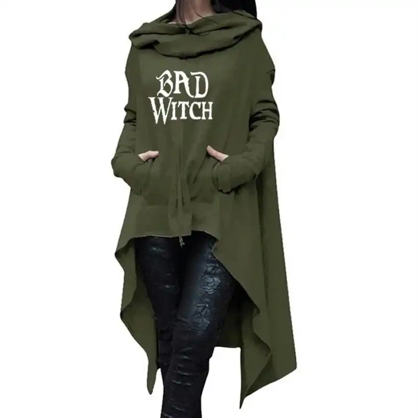 Длинные асимметричные толстовки с капюшоном и надписью Bad Witch на Хэллоуин женские