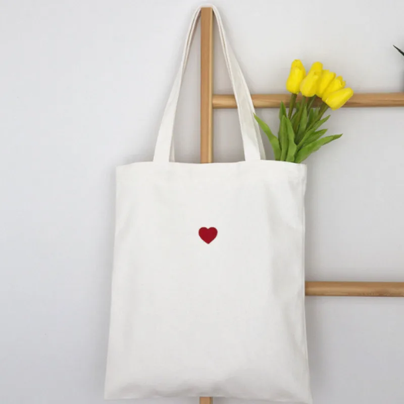 Embroidered Red Heart Pattern Cotton Canvas Eco Reusable Small fresh white canvas Shopping Bag Foldable Zipper Tote Shopping Bag