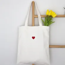 Embroidered Red Heart Pattern Cotton Canvas Eco Reusable Small fresh white canvas Shopping Bag Foldable Zipper Tote Shopping Bag