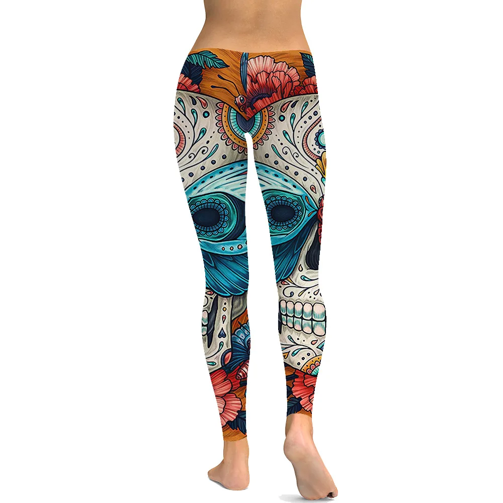 LEIMOLIS sexy gothic Butterfly Skull blue print push up leggings plus size women fitness workout punk high waist spandex leggins