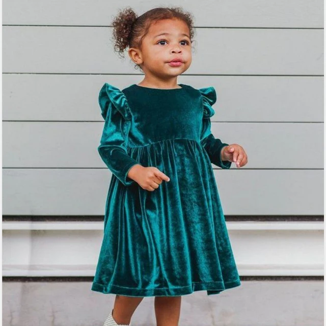 Girls and Mother Vintage Parent-child Dress Autumn 2019 Female Long Sleeve O-Neck Green Velvet Dresses Femme Party Vestidos 2