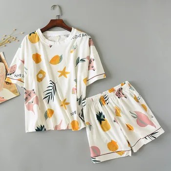 

Women's Cotton Short-sleeved Shorts Home Service Summer Loose Printed Round Neck Knitted Two-piece Pajamas Pijama Algodon Mujer
