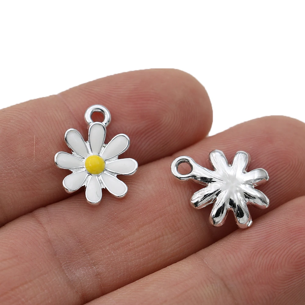 Enamel Silver Plated Flower Charm Pendant Jewelry Making Accessories 10Pcs
