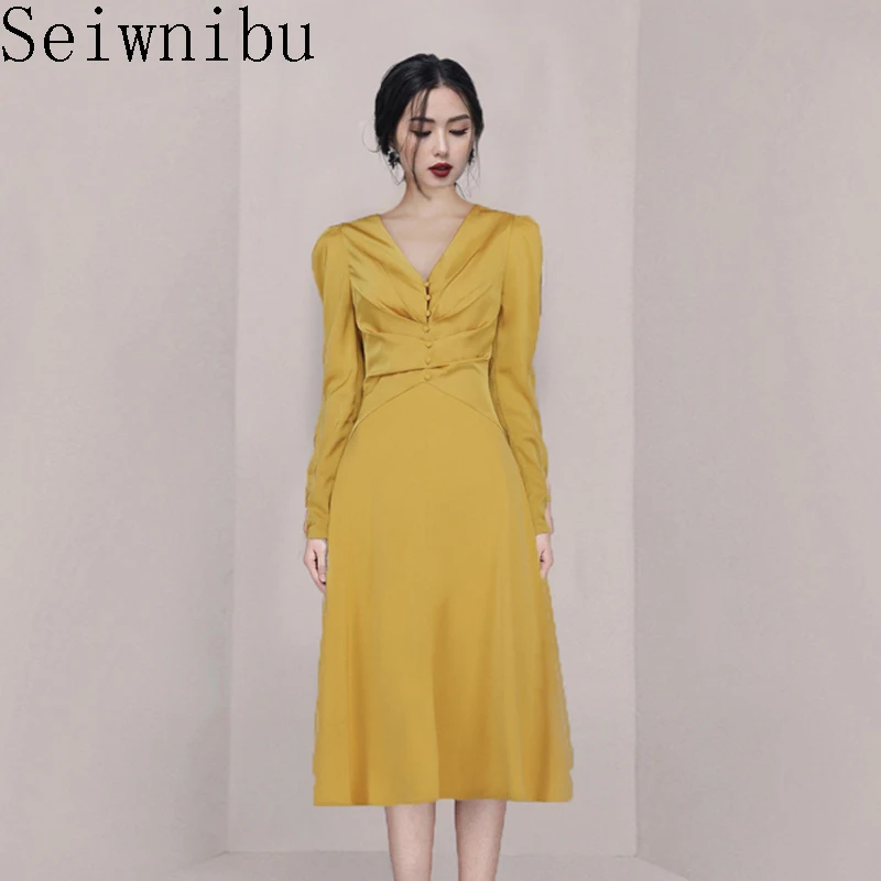 

Elegant Long Sleeve Yellow Dress Press fold Single Breasted High Waist Tunic Office Ladies Sexy Bodycon Pencil Midi Dress