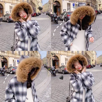 

Spot in the new 2020 South Korea long heavy hair collar horn grid cloth coat female rabbit fur coat