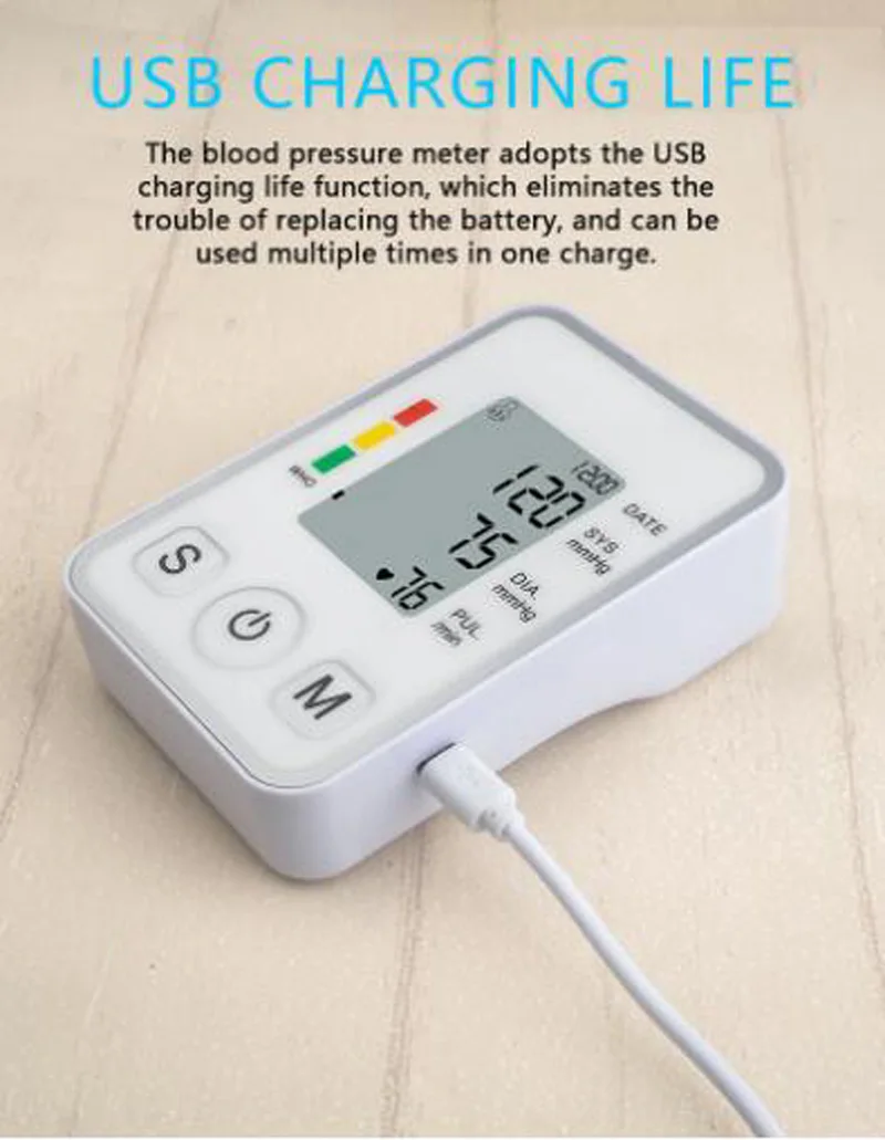 Rechargeable Automactic Upper Arm Electronic Blood Pressure Monitor Voice Broadcast Intelligent Systolic Pulse Sphygmomanometer