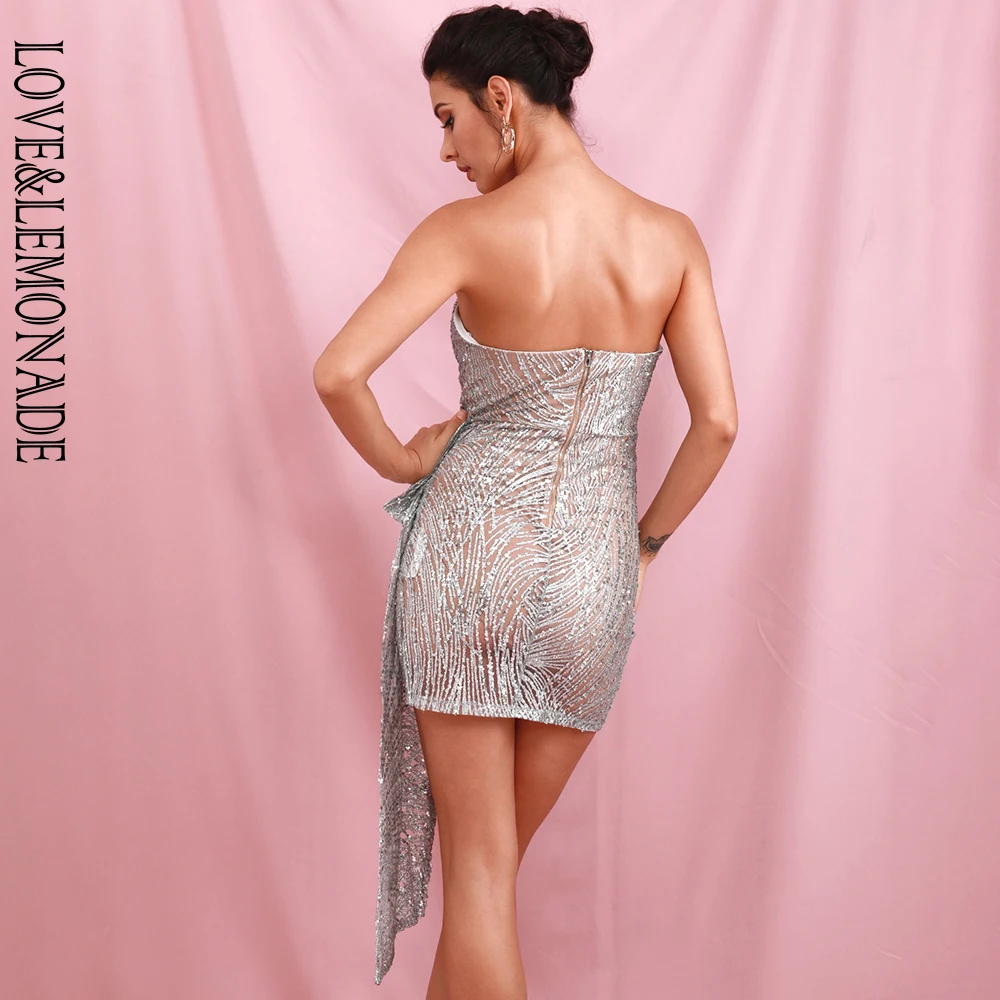 LOVE& LEMONADE сексуальный Серебряный топ с двойными полосками крест с наклеенными блестками материал облегающее вечерние мини-платье LM82017-1
