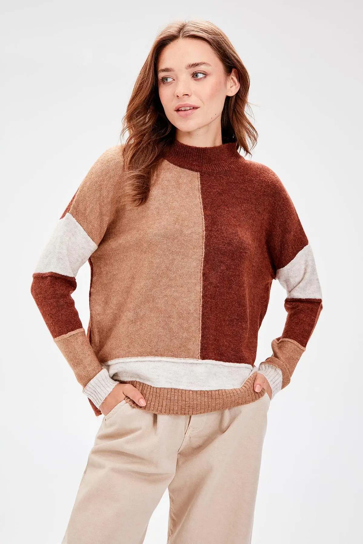 

Trendyol Camel Color Block Sweater Pullover TWOAW20KZ0323