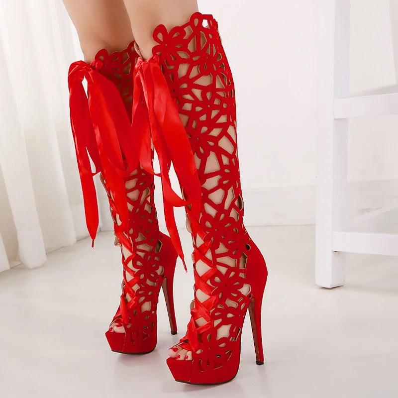 

Hot Selling WOMEN'S Shoes-Waterproof Platform Bandage Cloth Thin Heeled WOMEN'S Sandals Hollow out Fish Mouth Rome liang xue zi