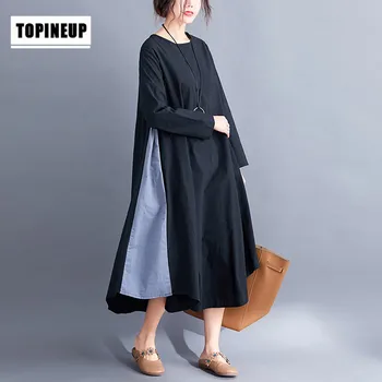 

2019 Fashion Popular Casual Plus Size Patchwork Cotton Linen Women Dress Long Sleeve Patchwork O-Neck High Low Hem Loose Dresses
