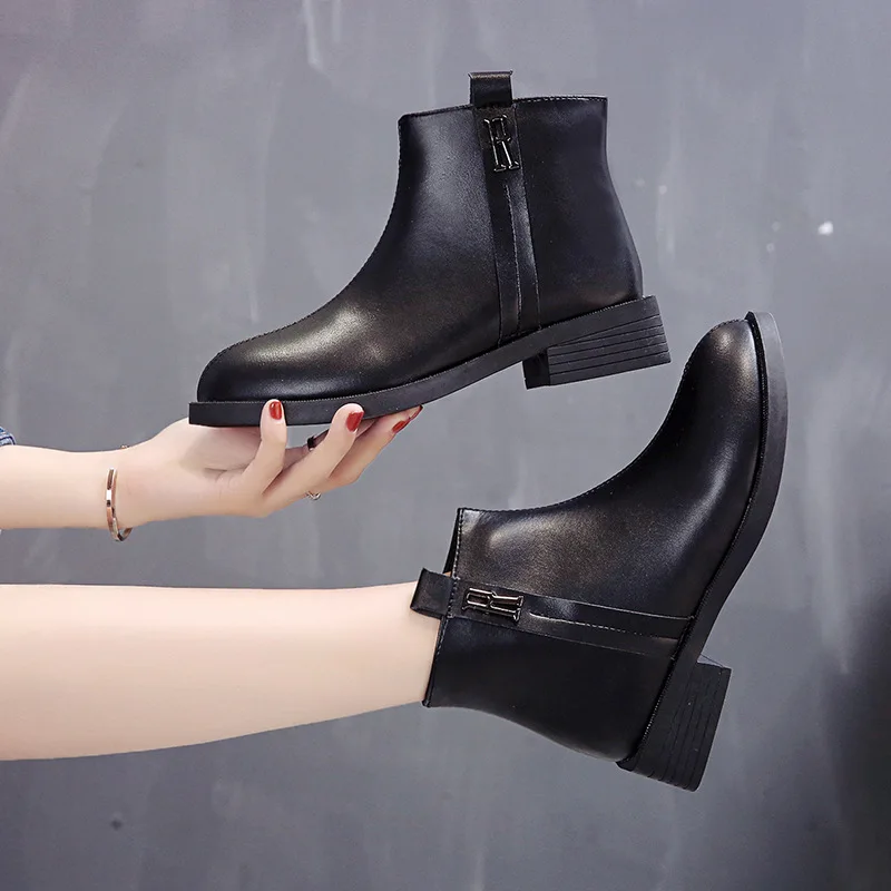 Spring Woman Chelsea Boots Winter New Casual Side Zipper Plug Velvet Warm Black Martin Booties Ladies PU Leather Shoes