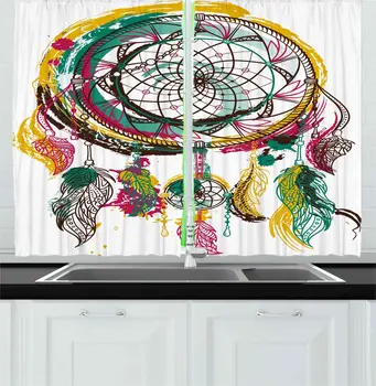

Ethnic Kitchen Window Curtains Dreamcatcher Style Feathers Design on White Background Window for Kitchen Cafe Decor 55" X 39"