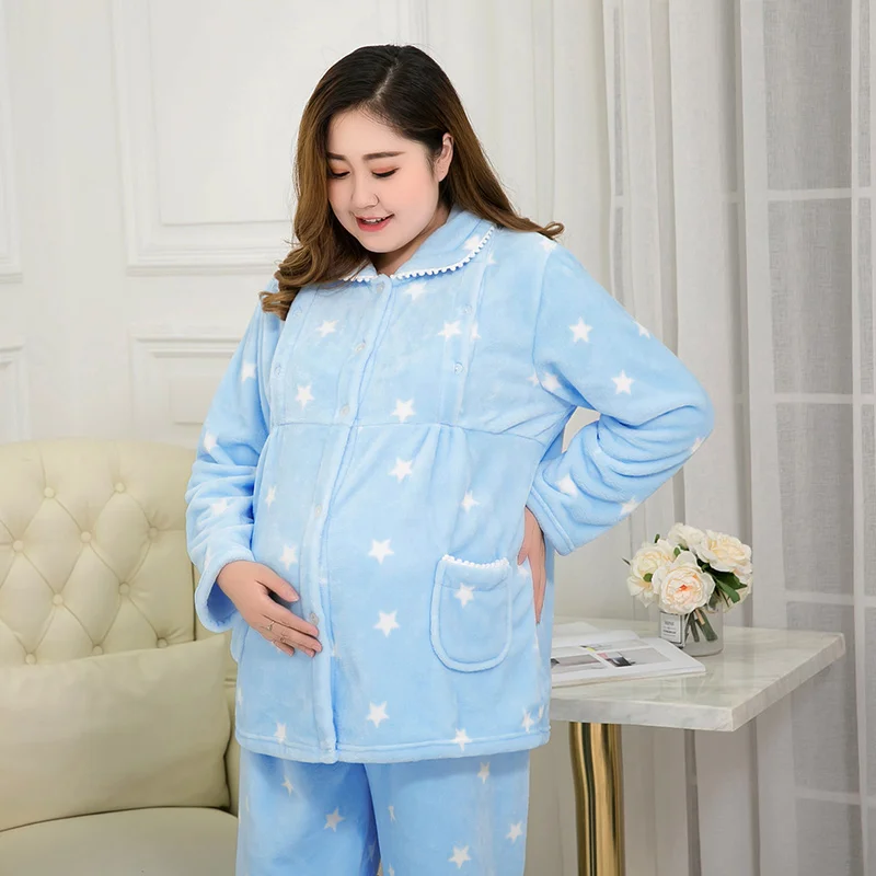 Фланелевая одежда осень-зима 150 кг плюс удобрение для увеличения послеродового грудного Вскармливания Пижамы для беременных женщин набор - Цвет: Небесно-голубой