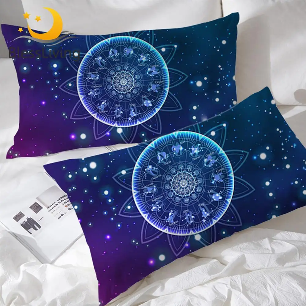 

BlessLiving Zodiac Decorative Pillow Case Lotus Mandala Pillow Cover Bling Glitter Galaxy Pillowcase Astrology Hippie Bedding