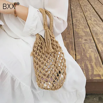 

[BXX] 2020 Summer New Brand Women Bag Hollow Out Handbag Ladies Tote Bag For Women Fashion Weaving Beach Bucket Handbag HE399