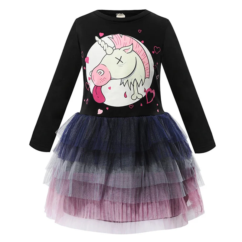 Girls Dress For Unicorn Cartoon Print Kids Long Sleeve Wedding Party Princess Dresses Baby Girl Clothes 2-9Y Children's Vestidos | Детская